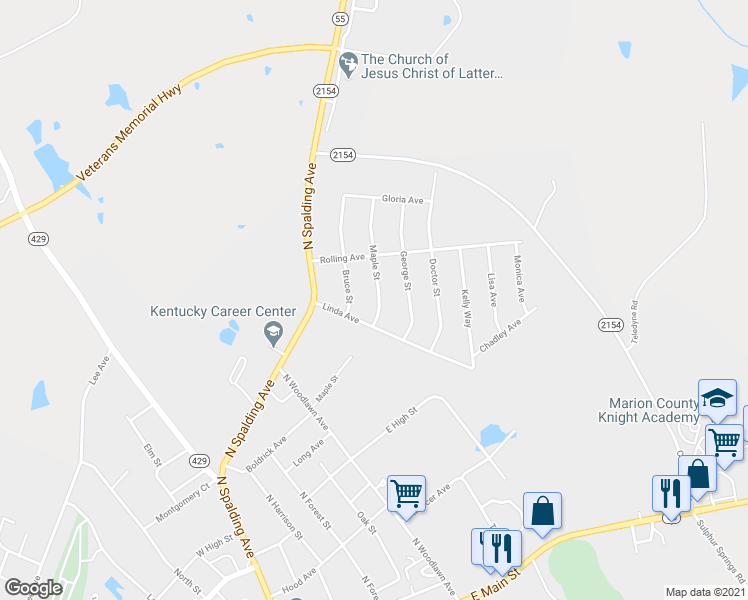 map of restaurants, bars, coffee shops, grocery stores, and more near 612 Maple Street in Lebanon