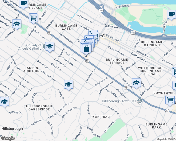 map of restaurants, bars, coffee shops, grocery stores, and more near 1117 Balboa Avenue in Burlingame