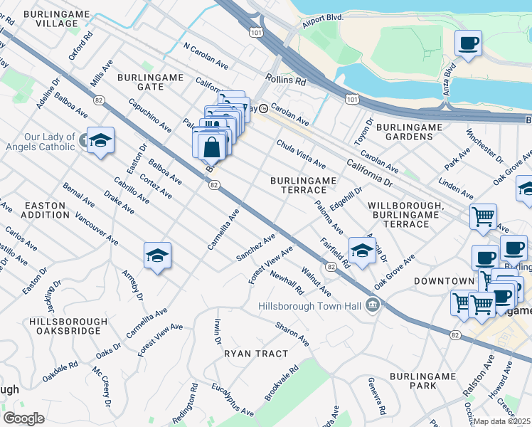 map of restaurants, bars, coffee shops, grocery stores, and more near 1012 El Camino Real in Burlingame