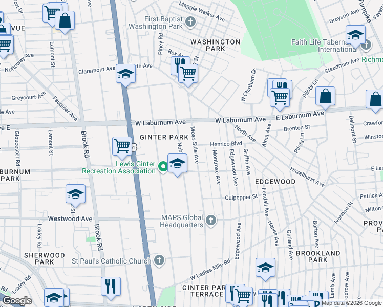 map of restaurants, bars, coffee shops, grocery stores, and more near 3608 Moss Side Avenue in Richmond