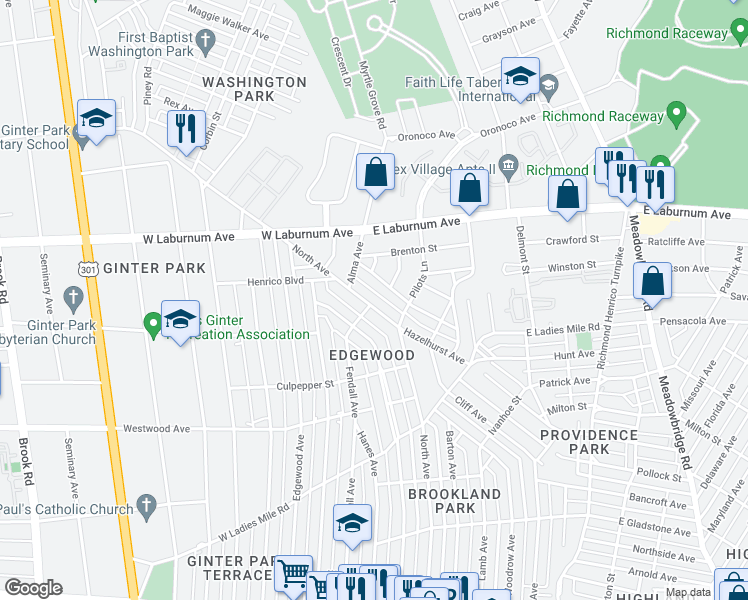 map of restaurants, bars, coffee shops, grocery stores, and more near 3713 North Avenue in Richmond