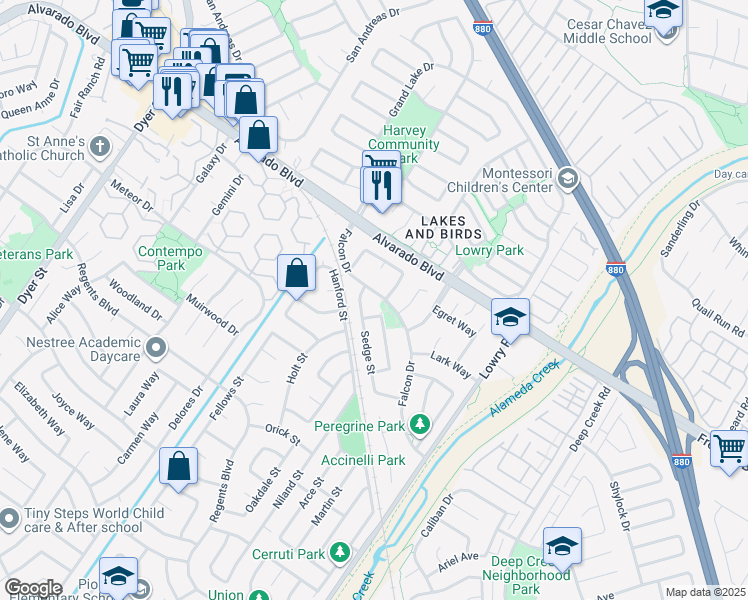 map of restaurants, bars, coffee shops, grocery stores, and more near 32945 Falcon Drive in Fremont