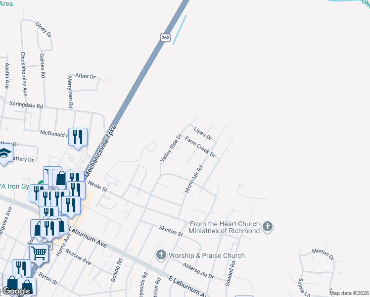 map of restaurants, bars, coffee shops, grocery stores, and more near 2912 Valley Side Terrace in Richmond