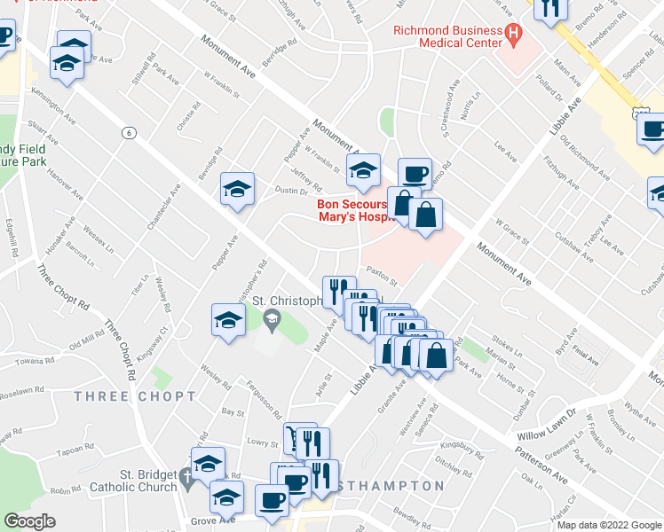 map of restaurants, bars, coffee shops, grocery stores, and more near 914 Sabot Street in Richmond