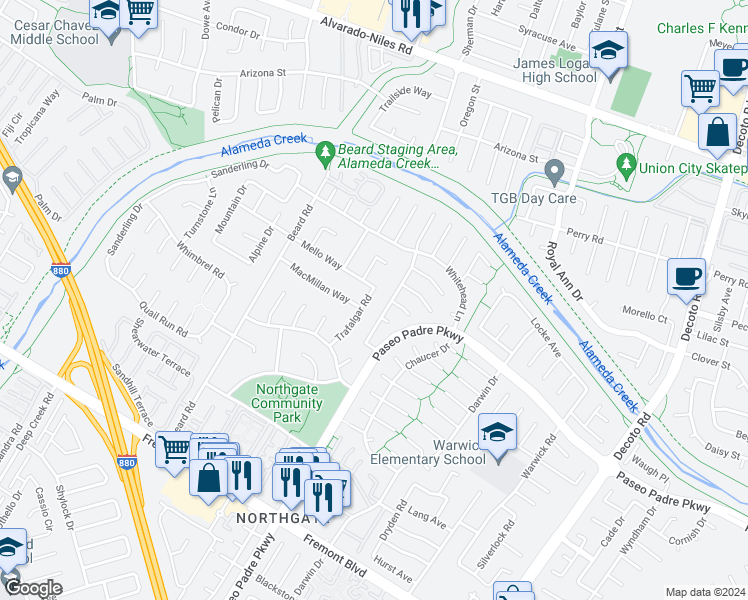 map of restaurants, bars, coffee shops, grocery stores, and more near 3154 Trafalgar Road in Fremont