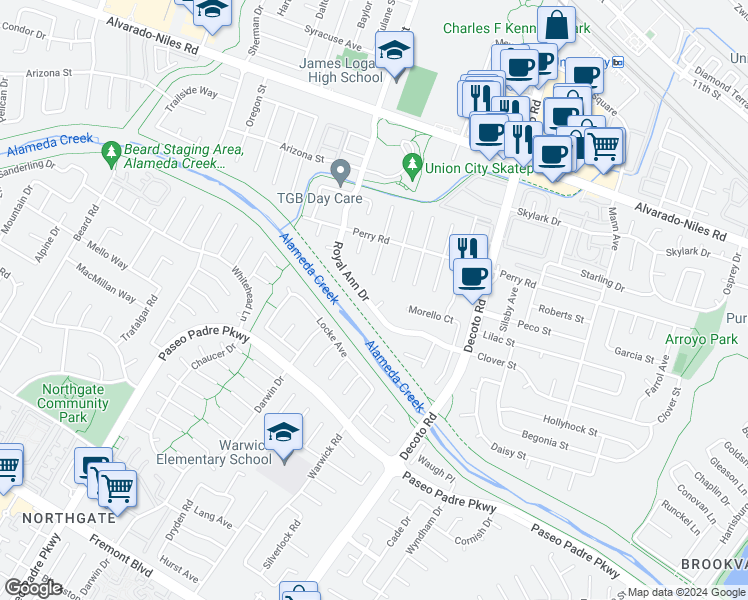 map of restaurants, bars, coffee shops, grocery stores, and more near 2632 Rainier Court in Union City