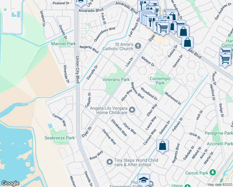 map of restaurants, bars, coffee shops, grocery stores, and more near in Union City