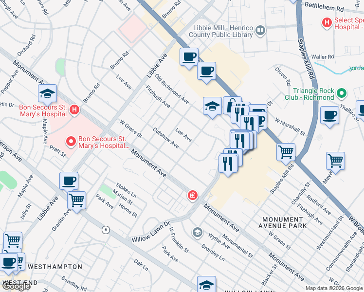 map of restaurants, bars, coffee shops, grocery stores, and more near 5302 Cutshaw Avenue in Richmond