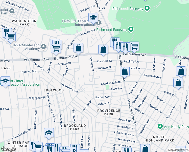 map of restaurants, bars, coffee shops, grocery stores, and more near 3751 Delmont Street in Richmond
