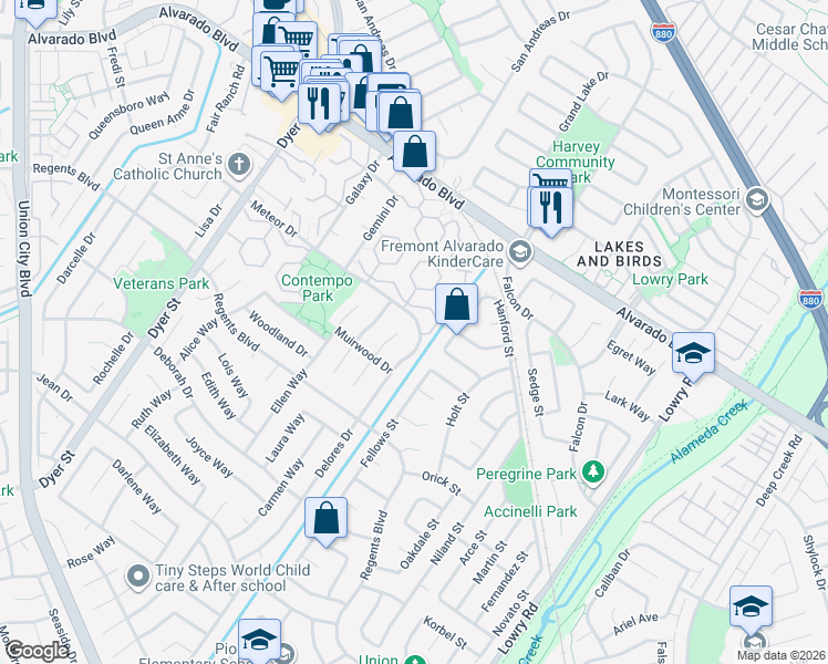 map of restaurants, bars, coffee shops, grocery stores, and more near 32636 Meteor Drive in Union City