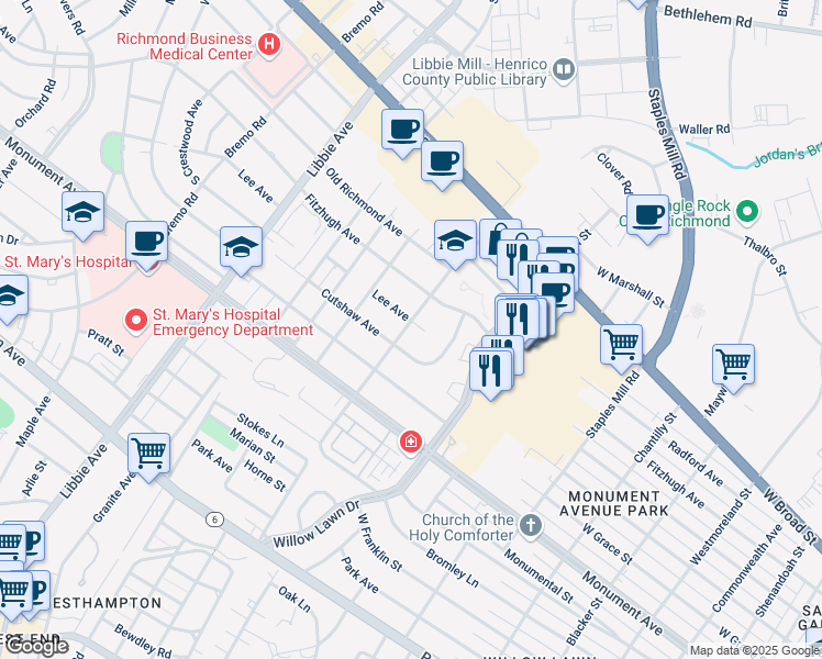 map of restaurants, bars, coffee shops, grocery stores, and more near 5207 Lee Avenue in Richmond