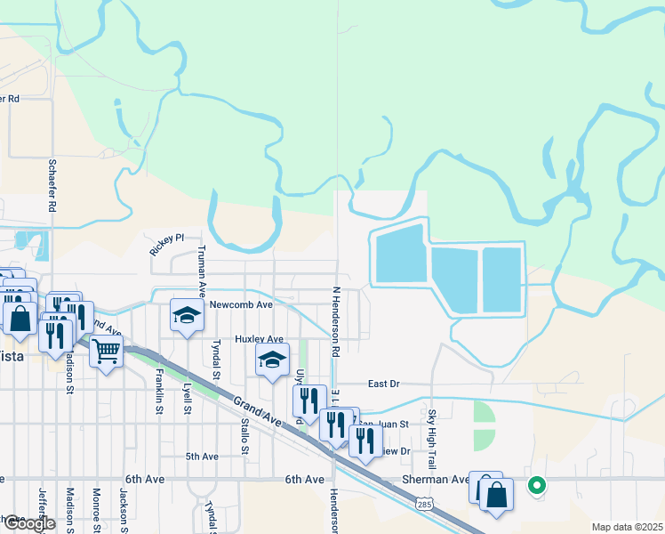 map of restaurants, bars, coffee shops, grocery stores, and more near 548-580 North Henderson Road in Monte Vista