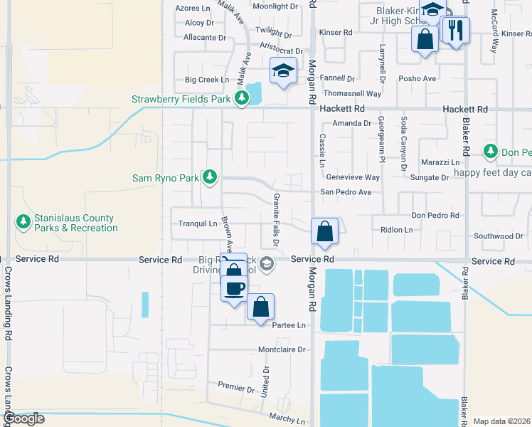 map of restaurants, bars, coffee shops, grocery stores, and more near 3844 River Springs Court in Ceres