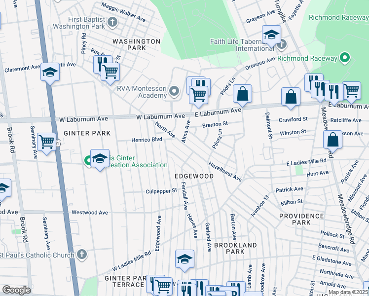 map of restaurants, bars, coffee shops, grocery stores, and more near 3806 North Avenue in Richmond