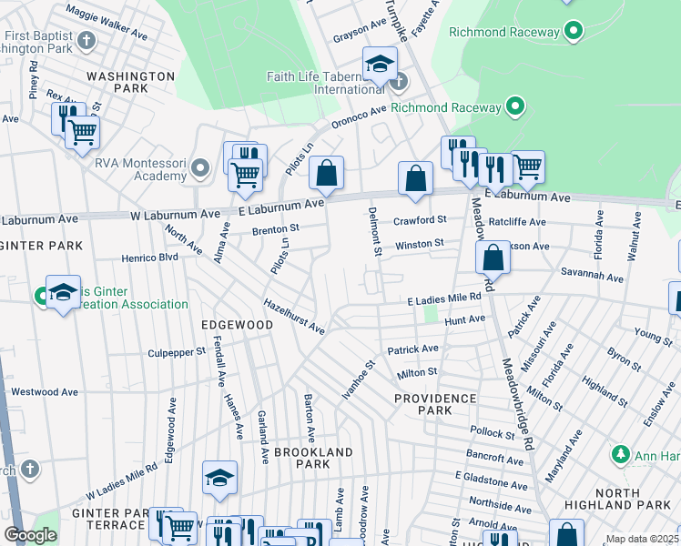 map of restaurants, bars, coffee shops, grocery stores, and more near 342 Grayson Street in Richmond