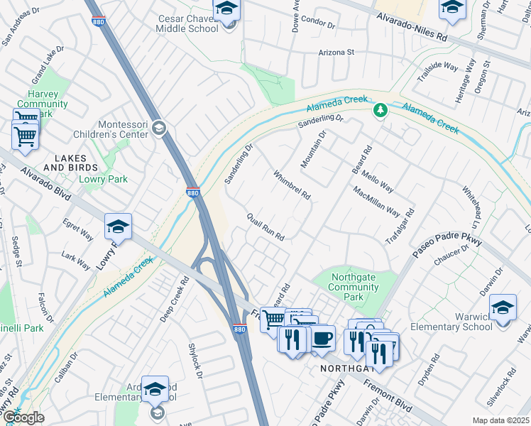 map of restaurants, bars, coffee shops, grocery stores, and more near 3528 Willow Wren Place in Fremont