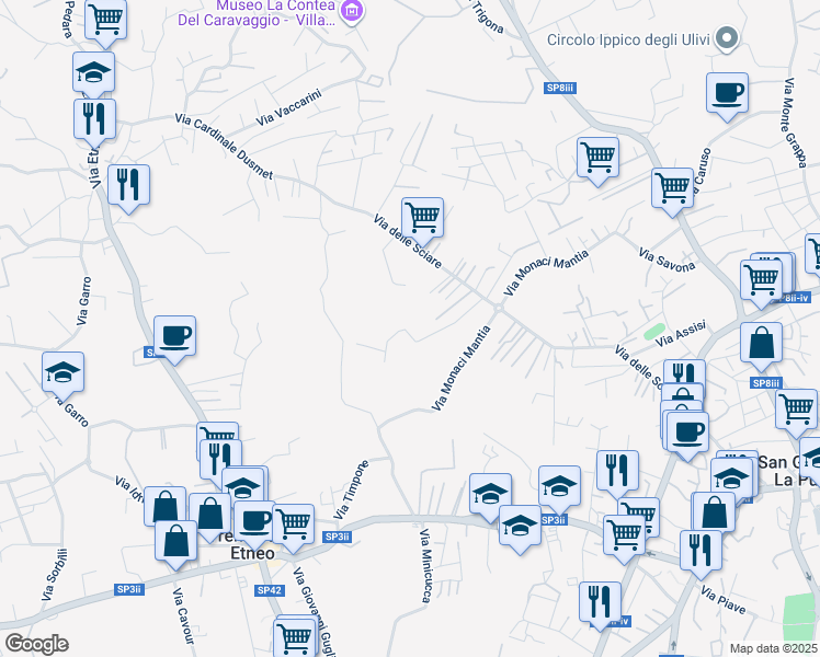 map of restaurants, bars, coffee shops, grocery stores, and more near 24A B Via Mario Famà in Città metropolitana di Catania