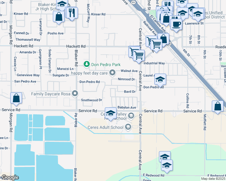 map of restaurants, bars, coffee shops, grocery stores, and more near 1837 Woodview Court in Ceres