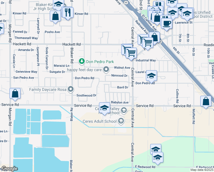 map of restaurants, bars, coffee shops, grocery stores, and more near 1837 Woodview Court in Ceres
