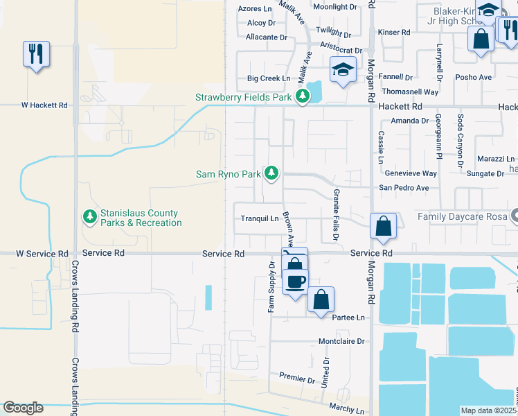 map of restaurants, bars, coffee shops, grocery stores, and more near 808 Stone Springs Drive in Ceres