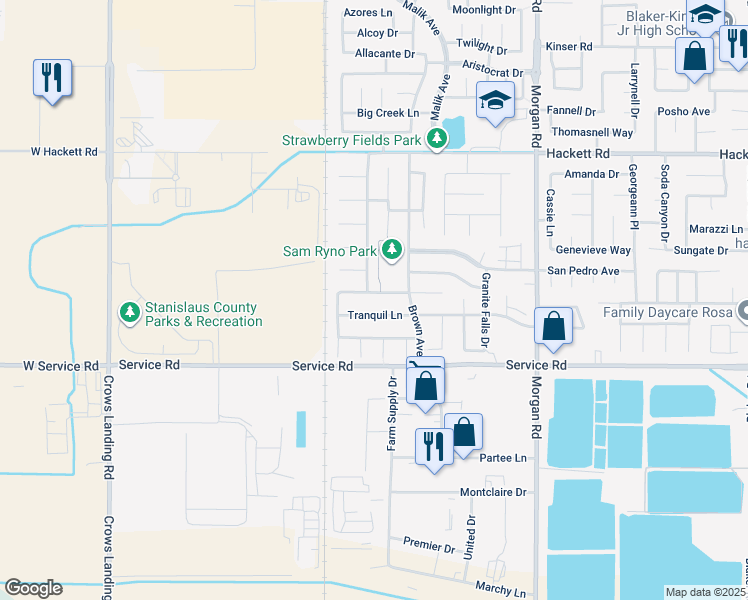 map of restaurants, bars, coffee shops, grocery stores, and more near 808 Stone Springs Drive in Ceres