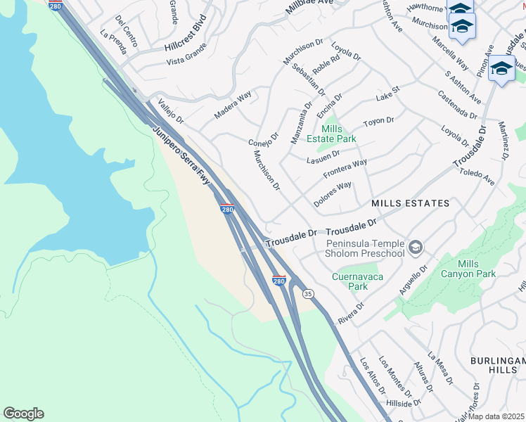 map of restaurants, bars, coffee shops, grocery stores, and more near 380 Vallejo Drive in Millbrae