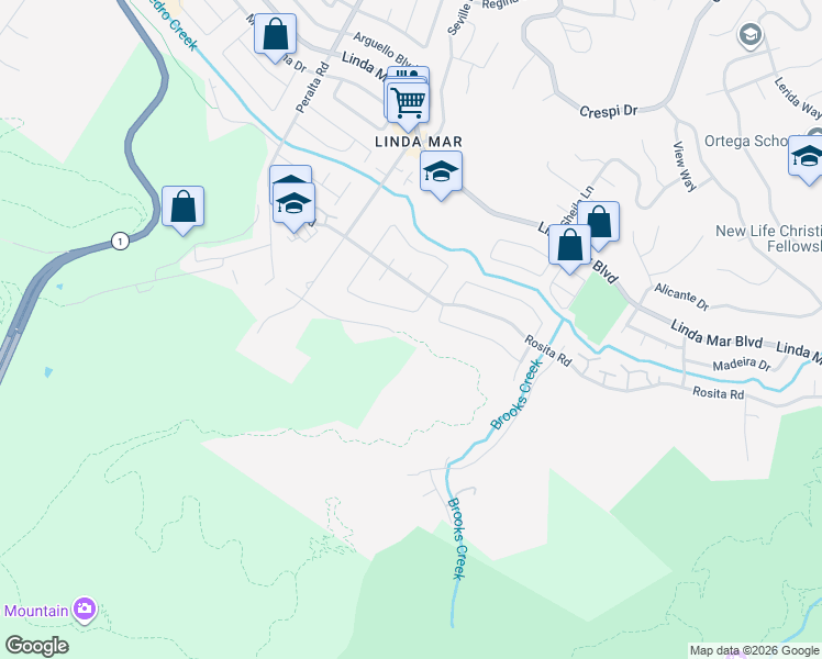 map of restaurants, bars, coffee shops, grocery stores, and more near 1693 Higgins Way in Pacifica
