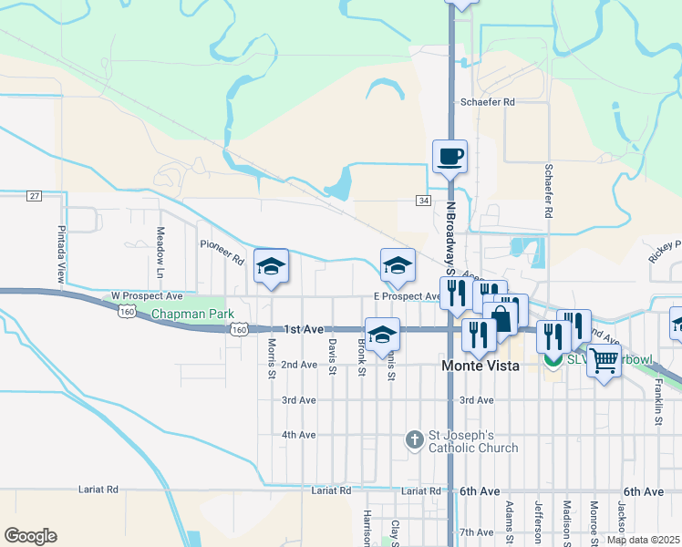 map of restaurants, bars, coffee shops, grocery stores, and more near 345 East Prospect Avenue in Monte Vista