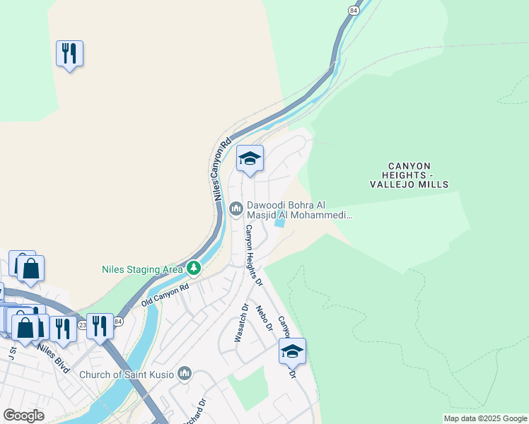 map of restaurants, bars, coffee shops, grocery stores, and more near 38094 Canyon Heights Drive in Fremont
