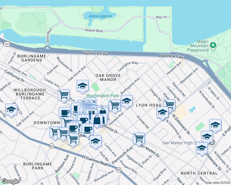 map of restaurants, bars, coffee shops, grocery stores, and more near 729 Concord Way in Burlingame