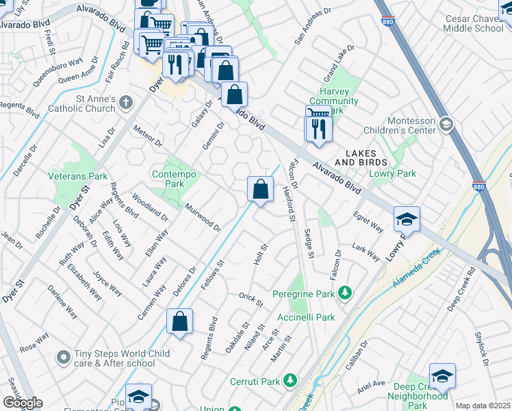 map of restaurants, bars, coffee shops, grocery stores, and more near 4231 Hanford Street in Union City