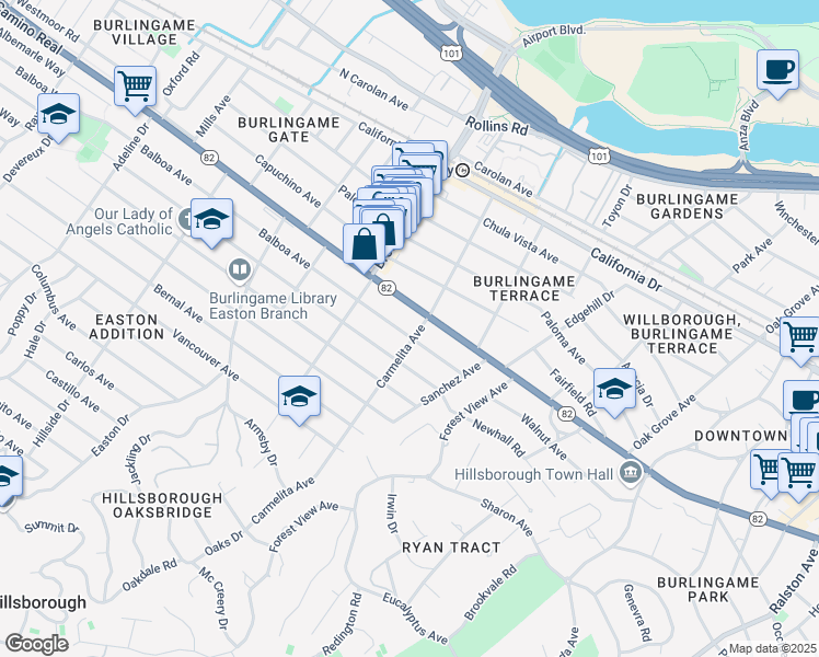map of restaurants, bars, coffee shops, grocery stores, and more near 1102 Balboa Avenue in Burlingame