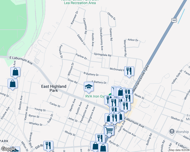 map of restaurants, bars, coffee shops, grocery stores, and more near 1907 North Battery Drive in Richmond