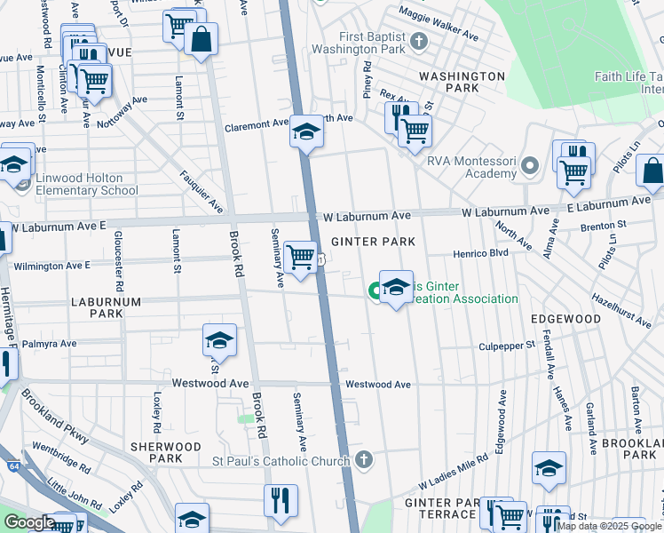 map of restaurants, bars, coffee shops, grocery stores, and more near 3607 Chamberlayne Avenue in Richmond