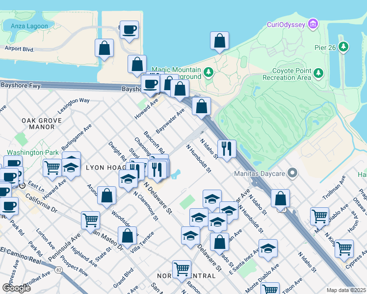 map of restaurants, bars, coffee shops, grocery stores, and more near 974 Peninsula Avenue in San Mateo