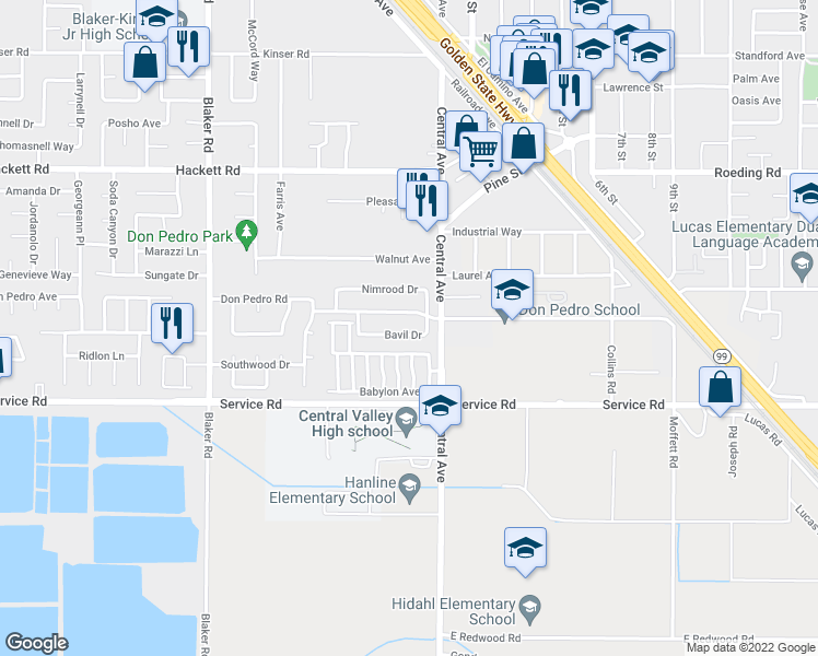 map of restaurants, bars, coffee shops, grocery stores, and more near 2017 Bavil Drive in Ceres