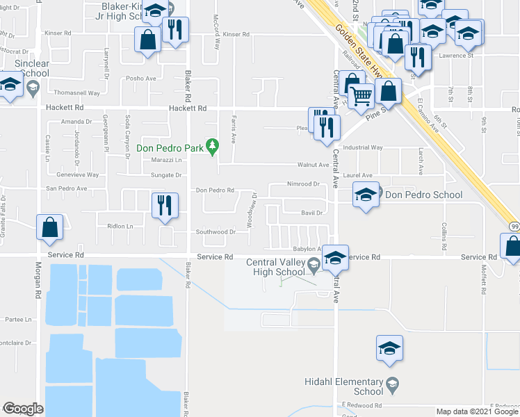 map of restaurants, bars, coffee shops, grocery stores, and more near 1837 Woodview Court in Ceres