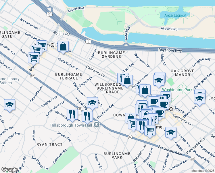 map of restaurants, bars, coffee shops, grocery stores, and more near 796 Willborough Road in Burlingame