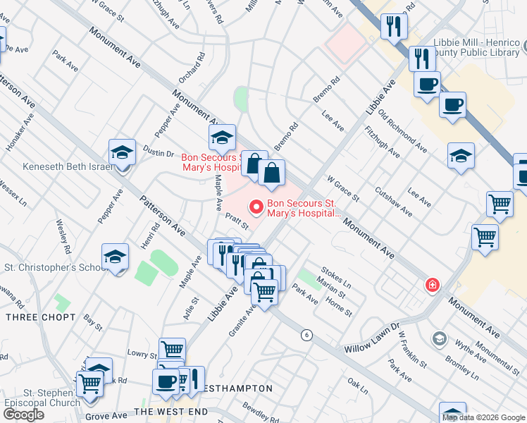 map of restaurants, bars, coffee shops, grocery stores, and more near 1290 Chase Street in Richmond