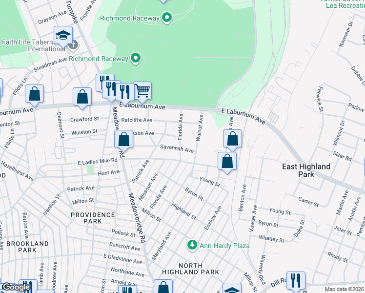 map of restaurants, bars, coffee shops, grocery stores, and more near 800 Savannah Avenue in Richmond