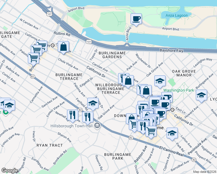 map of restaurants, bars, coffee shops, grocery stores, and more near 796 Willborough Road in Burlingame