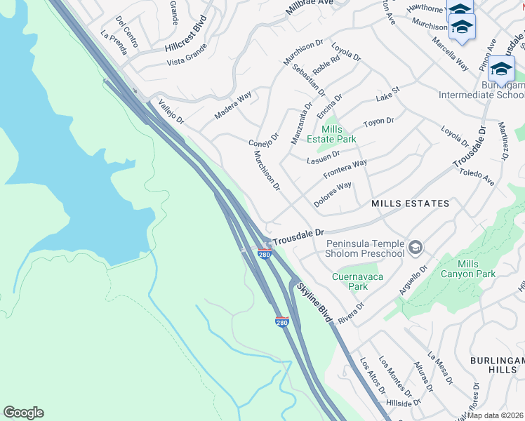 map of restaurants, bars, coffee shops, grocery stores, and more near 380 Vallejo Drive in Millbrae