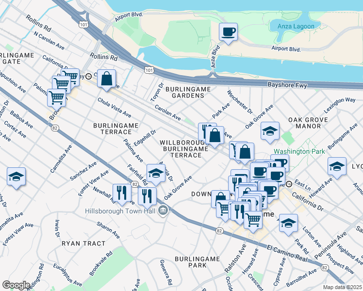 map of restaurants, bars, coffee shops, grocery stores, and more near 796 Willborough Road in Burlingame