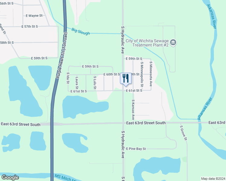 map of restaurants, bars, coffee shops, grocery stores, and more near 1601 East 61st Street South in Wichita