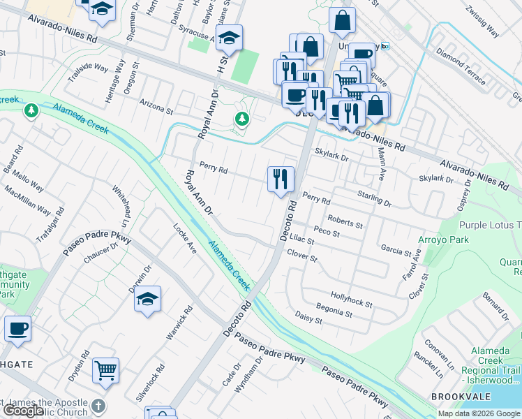 map of restaurants, bars, coffee shops, grocery stores, and more near 2580 Early Rivers Court in Union City