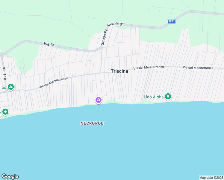 map of restaurants, bars, coffee shops, grocery stores, and more near 35 Via 109 in Triscina