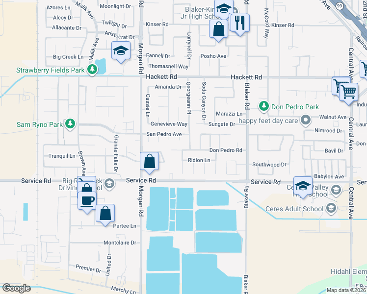 map of restaurants, bars, coffee shops, grocery stores, and more near 1416 Don Pedro Road in Ceres