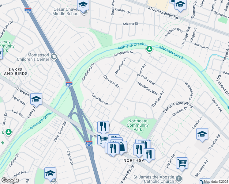 map of restaurants, bars, coffee shops, grocery stores, and more near 33783 Whimbrel Road in Fremont
