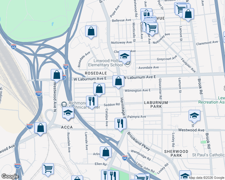 map of restaurants, bars, coffee shops, grocery stores, and more near 1707 Wilmington Avenue in Richmond