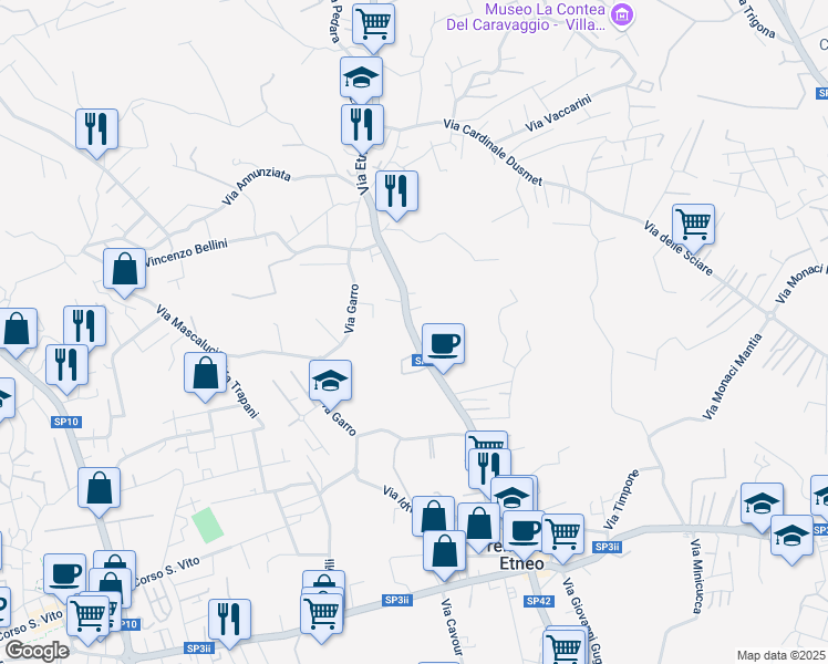 map of restaurants, bars, coffee shops, grocery stores, and more near 383 Via Etnea in Tremestieri Etneo